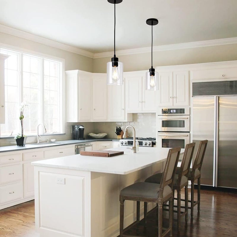 KLSS Modern Black Farmhouse Clear Glass Cylinder Pendant Light Fixture,Island Lights for Kitchen,Mini Pendant Lighting for Kitchen Island Decor - 4.75 Inch Shade 58 Inch Cord (Black 2 Pack) - Image 1