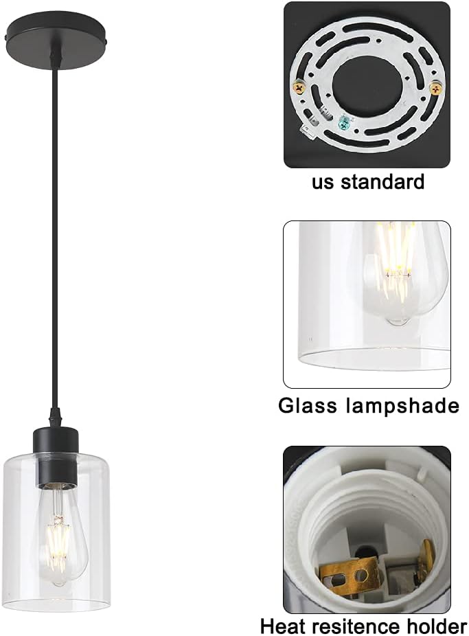 KLSS Modern Black Farmhouse Clear Glass Cylinder Pendant Light Fixture,Island Lights for Kitchen,Mini Pendant Lighting for Kitchen Island Decor - 4.75 Inch Shade 58 Inch Cord (Black 2 Pack) - Image 4