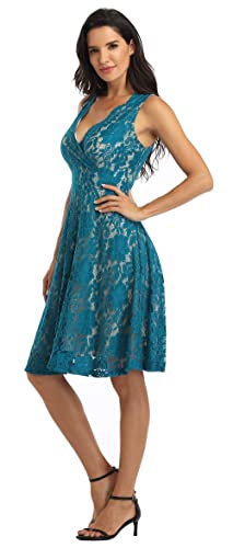 MISS MOLY Women Floral Lace Overlay Fit and Flare Dress Elegant V Neck Knee Length Skater Dress Peacock L - Image 4