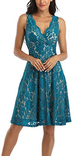 MISS MOLY Women Floral Lace Overlay Fit and Flare Dress Elegant V Neck Knee Length Skater Dress Peacock L - Image 1