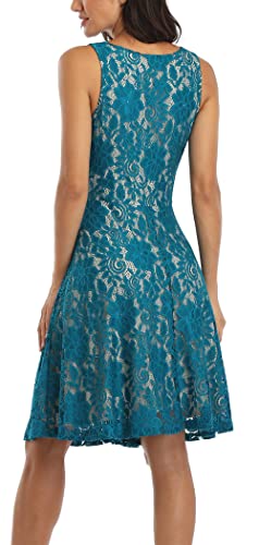 MISS MOLY Women Floral Lace Overlay Fit and Flare Dress Elegant V Neck Knee Length Skater Dress Peacock L - Image 5