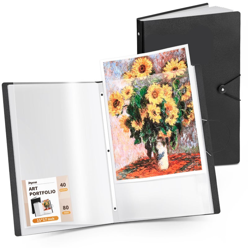 JoyCat Art Portfolio Binder 11"x17",40 Pockets Art Folder with Clear View Pages, 80 Sheets Presentation Binder for Artists and Students (Black) - Image 1
