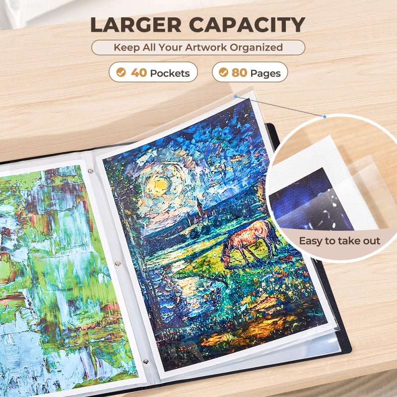 JoyCat Art Portfolio Binder 11"x17",40 Pockets Art Folder with Clear View Pages, 80 Sheets Presentation Binder for Artists and Students (Black) - Image 3