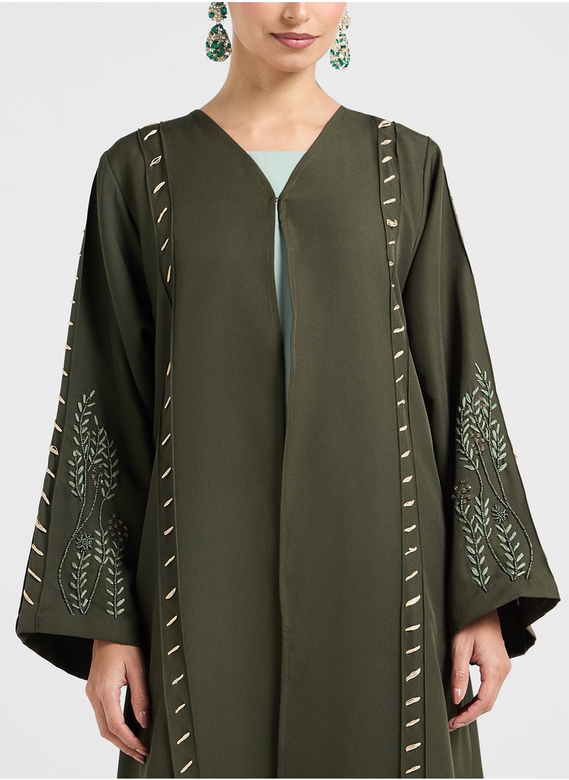 hayas closet V-Neck Embroidered Flared Sleeve Abaya  - Image 3