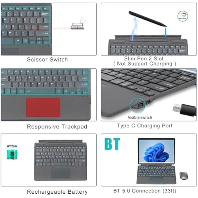 rayihni لوحة مفاتيح مضيئة/غير مضيئة بتصميم مدمج عمر بطارية طويل تصميم مريح خفيف الوزن متوافقة مع أجهزة Surface Pro 8/9/X مثالية للموظفين في المكاتب والطلاب - Image 2