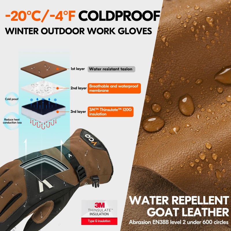 Vgo-20â„ƒ/-4Â°F Waterproof Winter Work Gloves Cold Weather Waterproof Work Gloves Waterproof Insulated Gloves Goat Leather Gloves(Brown,Size XL,GA7760FLWP) - Image 2
