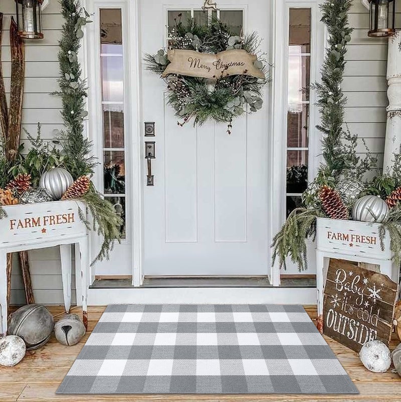 KOZYFLY KOZYFLY Buffalo Plaid Rug 275x43 Inches Grey and White Outdoor Rugs Hand Woven Cotton Washable Indoor Buffalo Check Rug Layered Doormats for Front DoorFront PorchFarmhouseEntrywayPatio 