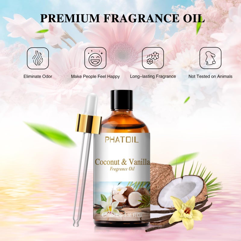 PHATOIL 3.38FL.OZ Coconut & Vanilla Fragrance Oils for Aromatherapy, Essential Oils for Diffusers for Home, Perfect for Diffuser, Yoga, DIY Candle and Soap Making - 100ml - Image 3