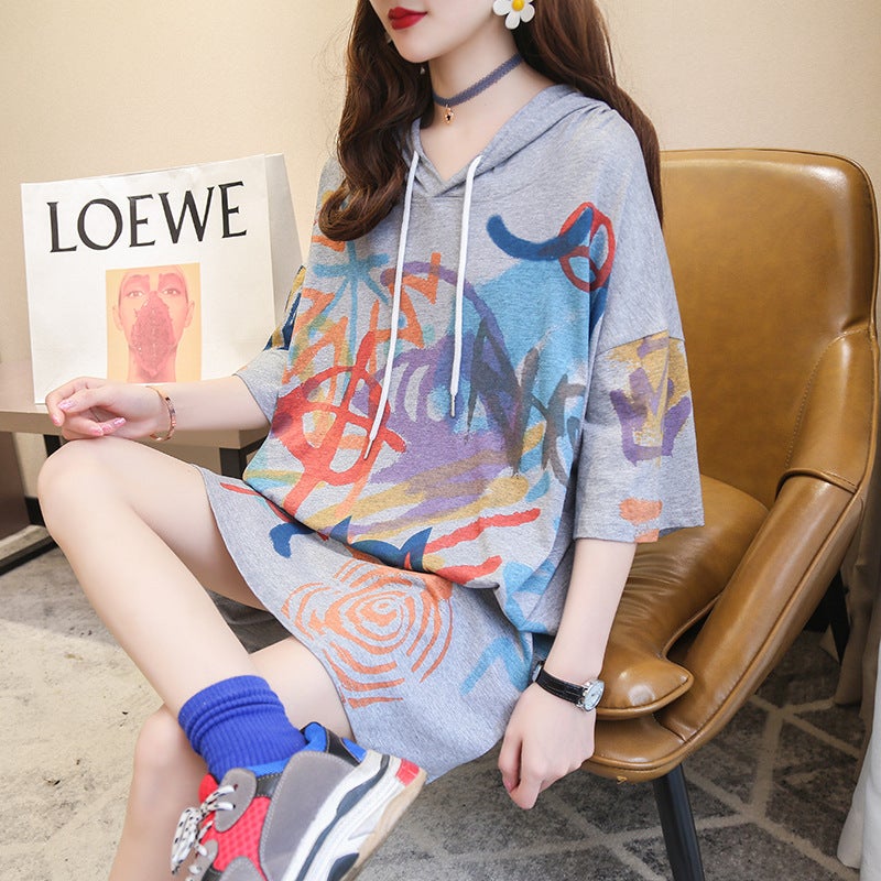 Women'S Summer Long Graffiti Hooded Short Sleeve T-Shirt - Image 2
