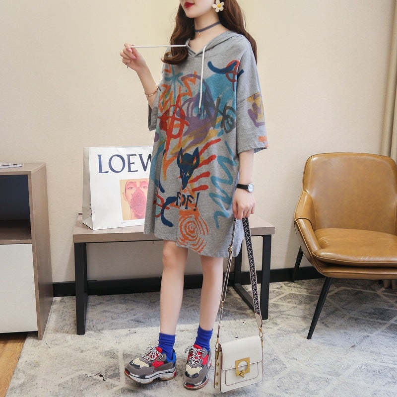 Women'S Summer Long Graffiti Hooded Short Sleeve T-Shirt - Image 1