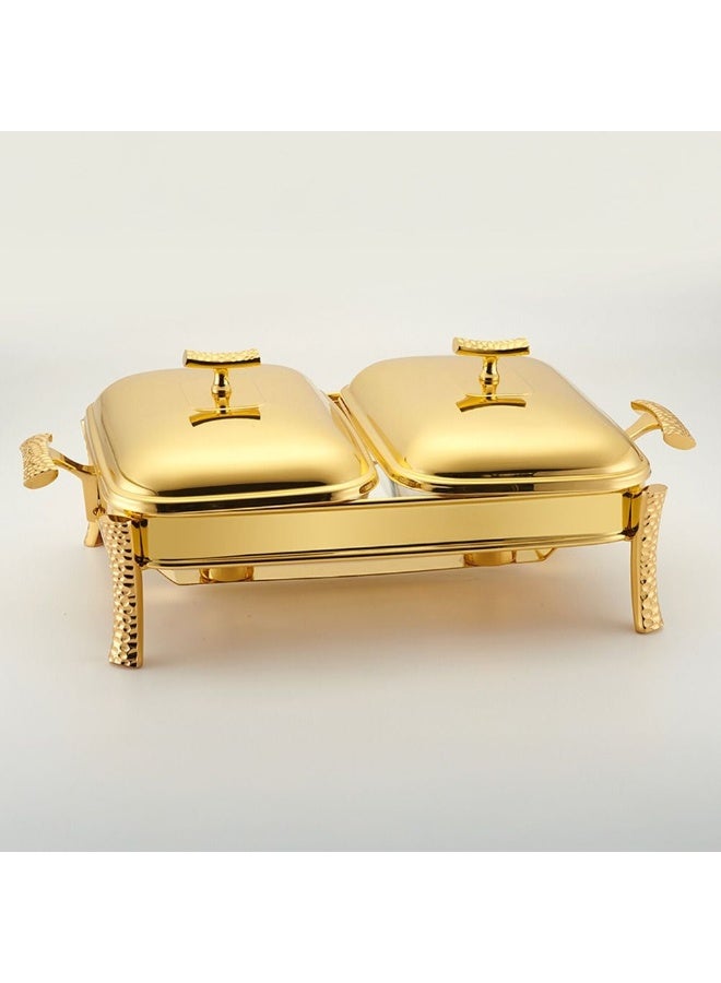 Pristine سخان طعام مستطيل من الفولاذ المقاوم للصدأ ذو قسمين - سخان طعام متميز مثالي للحفاظ على حرارة الأطباق - مثالي للمناسبات والحفلات والتجمعات العائلية - ذهبي 2x1500 مل 51X32X15 سم