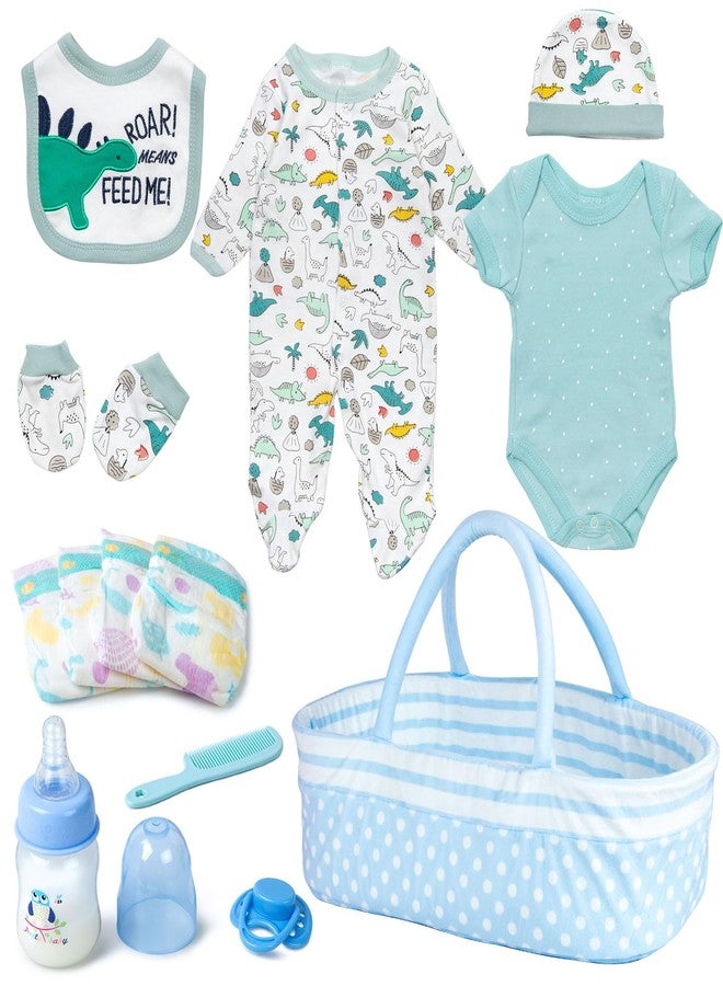Pedolltree Reborn Baby Dolls Clothes Boy Blue Dinosaur Theme Accessories 13 Pcs Outfit Set for 17-22 Inch Newborn Baby Doll Boy with Blue Dot Bassinet - Image 1
