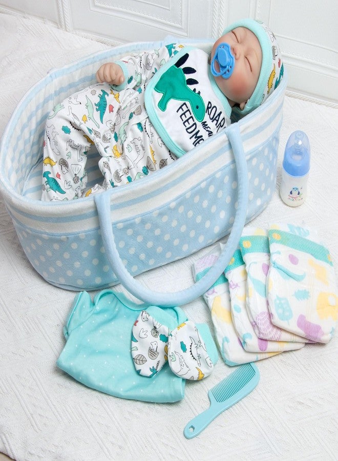 Pedolltree Reborn Baby Dolls Clothes Boy Blue Dinosaur Theme Accessories 13 Pcs Outfit Set for 17-22 Inch Newborn Baby Doll Boy with Blue Dot Bassinet - Image 3