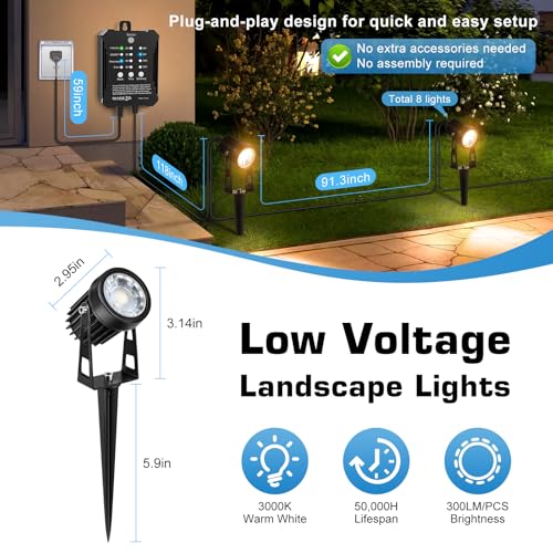 YASIZESOU All-in-One Low Voltage Landscape Lighting Kit, 8-Pack Landscape Lights with Transformer, 3000K Waterproof Outdoor Lights with 75FT Wire for Yard, Garden - Image 3