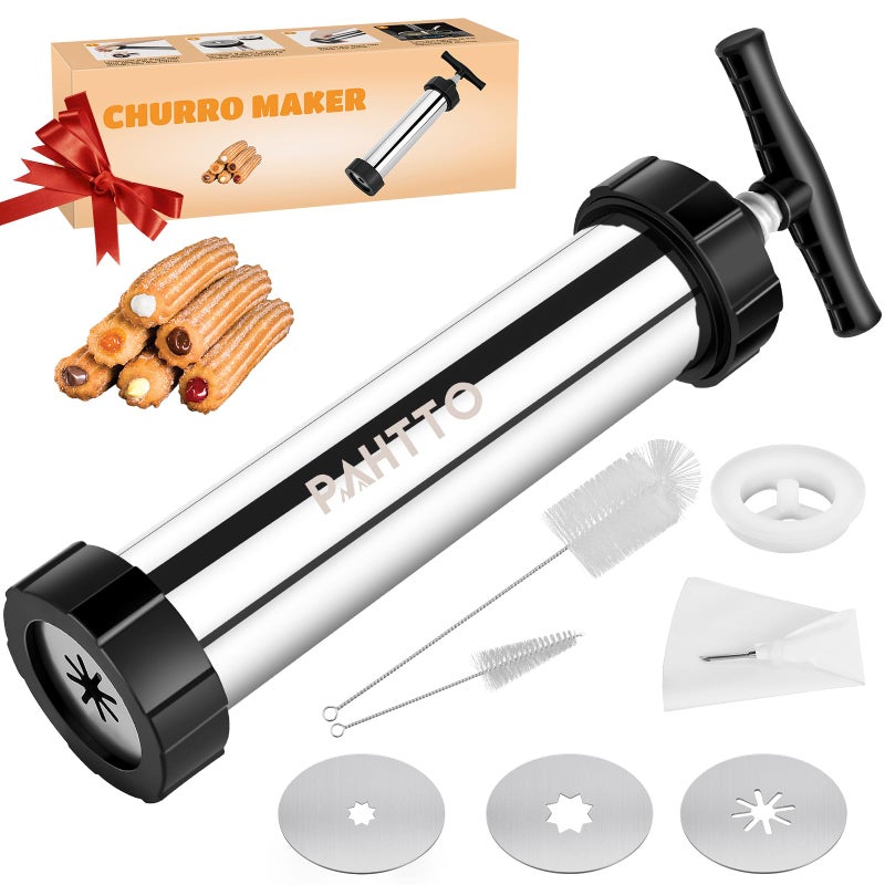 Churro Maker Kit Stainless Steel Hollow Churro Machine Churro Maker Gun with Piping Bag and 2 Cleaning Brushes 4 Nozzles for Various Shapes Mquina para Hacer Churros Perfect Gift
