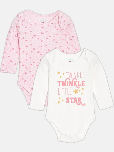 Broon Broon Infant Girls Pink and White Printed Pure Organic Cotton Bodysuit Pack of 2