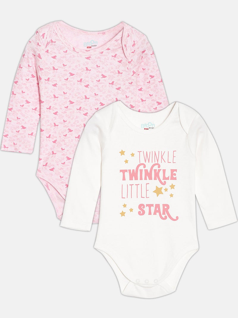 Broon Infant Girls Pink and White Printed Pure Organic Cotton Bodysuit Pack of 2 - Image 1