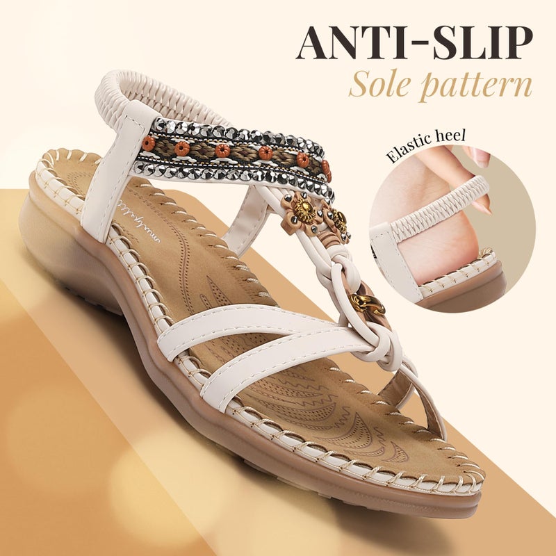 Littleplum Sandals for Women Arch Support Handmade Sandals Women's Summer Beach Sandals Comfort Walking Shoes Bohemian Flip Flops Womens Sandals Cream White Size 8.5 - Image 3