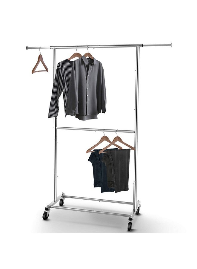 Simple Trending Double Rod Clothing Garment Rack, Rolling Clothes Organizer on Wheels for Hanging Clothes, Chrome - Image 1