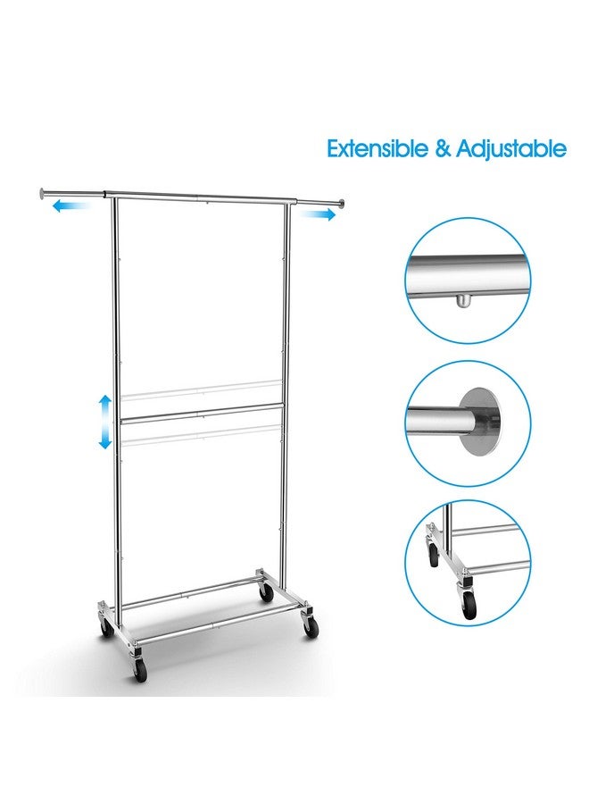Simple Trending Double Rod Clothing Garment Rack, Rolling Clothes Organizer on Wheels for Hanging Clothes, Chrome - Image 4