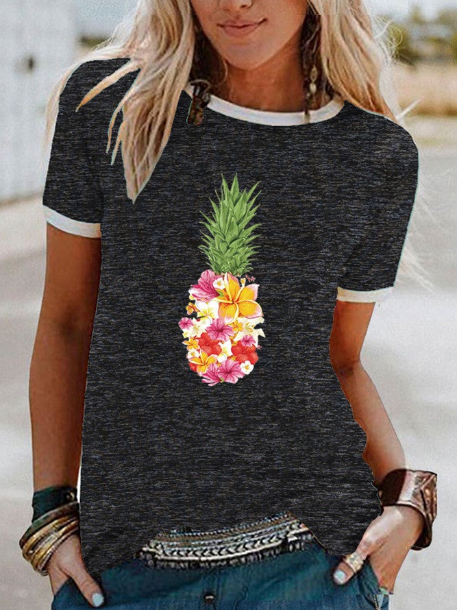 Wish Flower Pineapple Pattern Printed Edge Short Sleeve T-Shirt For Women - Image 1
