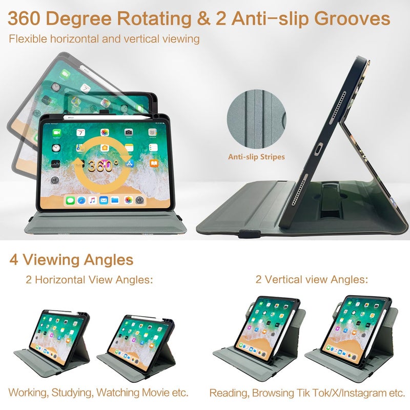 Vimorco for iPad Air M3/M2 11 Inch Case,for iPad Air 5th/4th Generation Cases 10.9-inch,for iPad Pro 11 Inch Case 4th/3rd/2nd/1st Generation 360 Degree Rotating Pencil Holder 4 Viewing Angles, Flower - Image 3