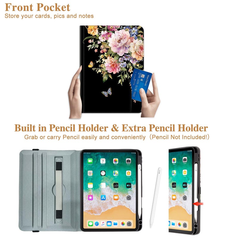 Vimorco for iPad Air M3/M2 11 Inch Case,for iPad Air 5th/4th Generation Cases 10.9-inch,for iPad Pro 11 Inch Case 4th/3rd/2nd/1st Generation 360 Degree Rotating Pencil Holder 4 Viewing Angles, Flower - Image 4