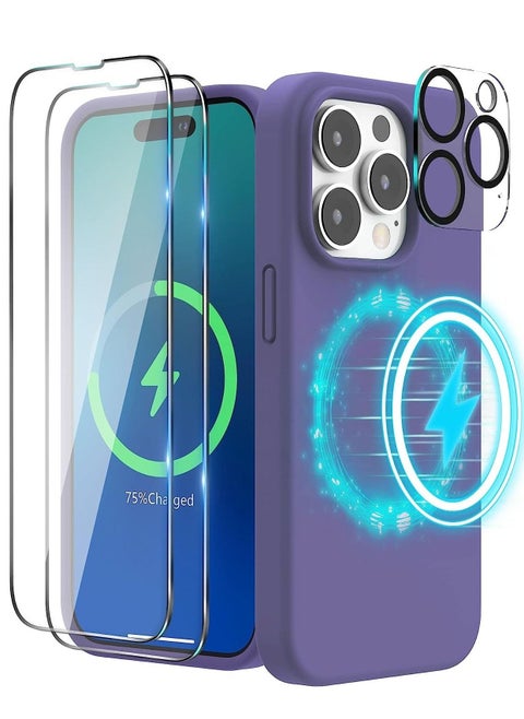 (4 in 1 iPhone 14 Pro MAX Case (6.7 inch 2022), Compatible with MagSafe, with 2 Screen Protector + 1 Camera Protector, Silicone Case for iPhone 14 Pro MAX (Purple)