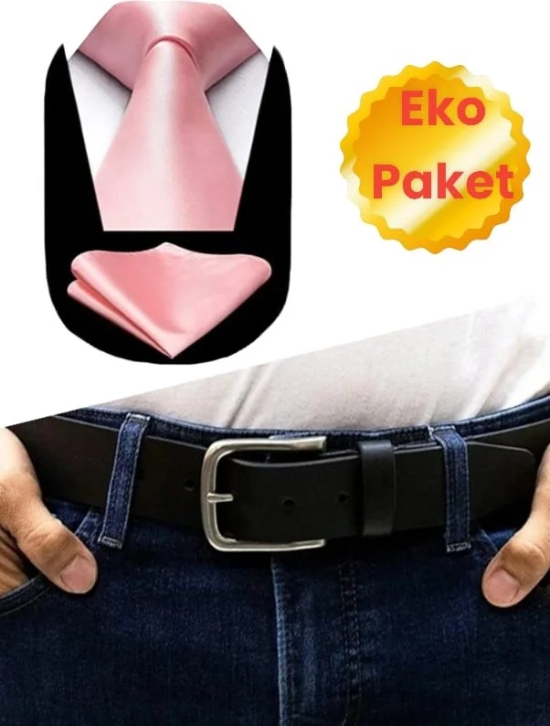 تيزجيلسين Men's Genuine Leather Canvas Jeans Belt and Satin Tie Handkerchief Set