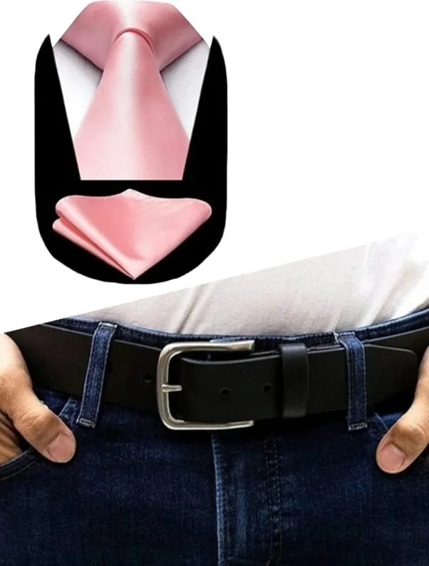 تيزجيلسين Men's Genuine Leather Canvas Jeans Belt and Satin Tie Handkerchief Set