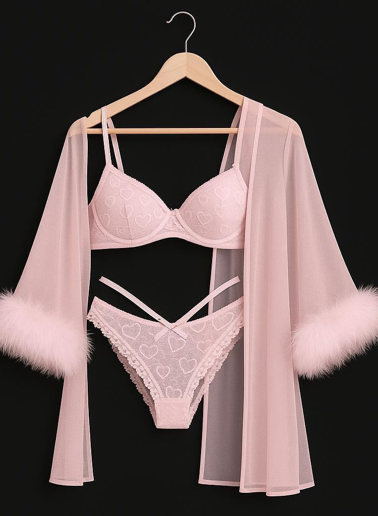 Sexy Lingerie with Robe, Short Robe Nightgown, Transparent Babydoll, 225 Baby Pink - Image 1