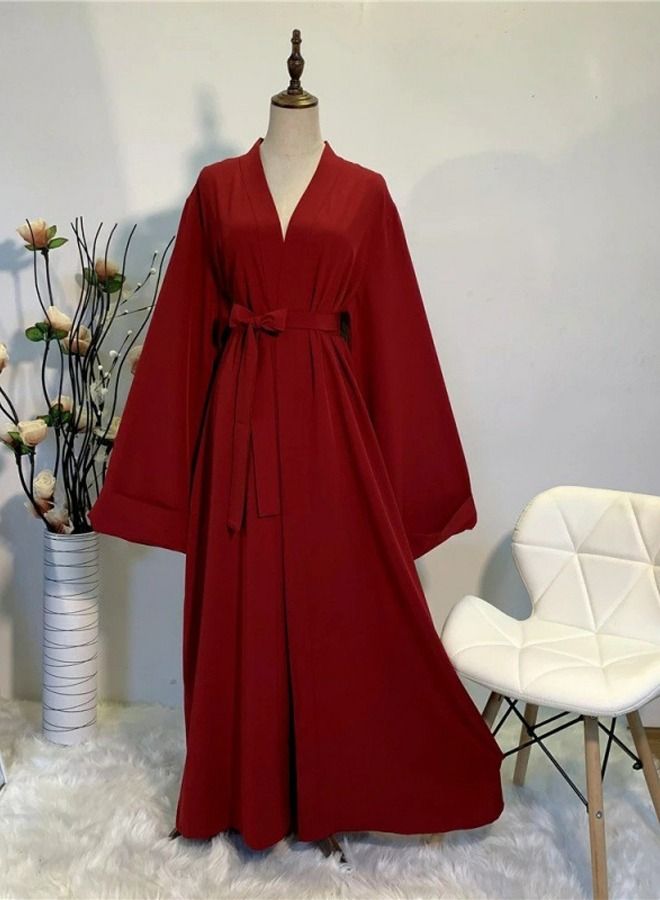 Loquat Women's Casual Full Length Lace-up Cardigan Dress Women's Solid Color Long Sleeves Abaya muslim Wine Red 