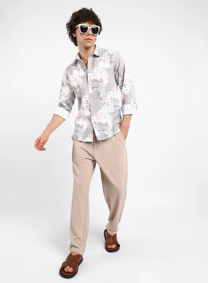 Campus Sutra Men's Moon Grey & Chalk White Artistic-Blur Shirt