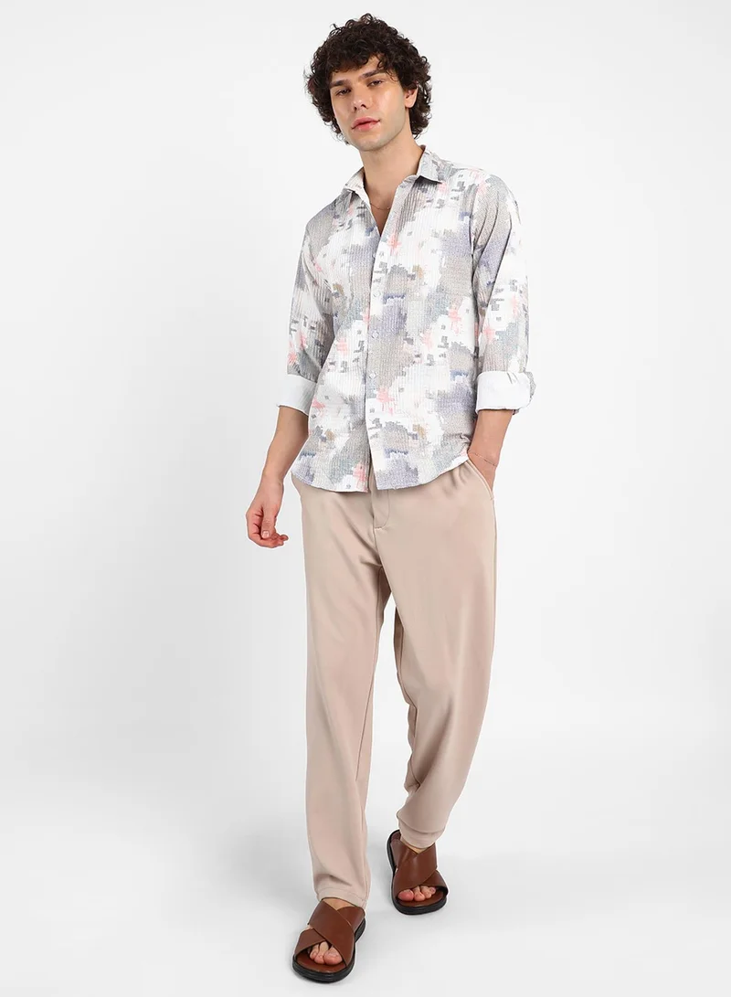 Campus Sutra Men's Moon Grey & Chalk White Artistic-Blur Shirt