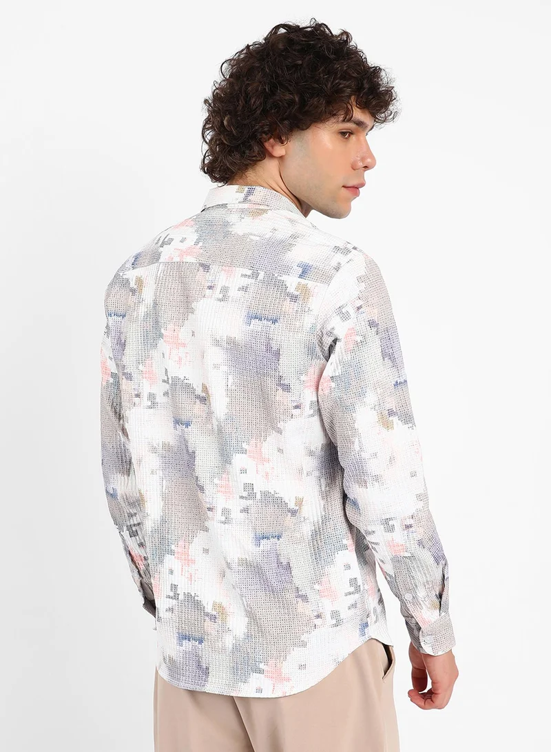 Campus Sutra Men's Moon Grey & Chalk White Artistic-Blur Shirt