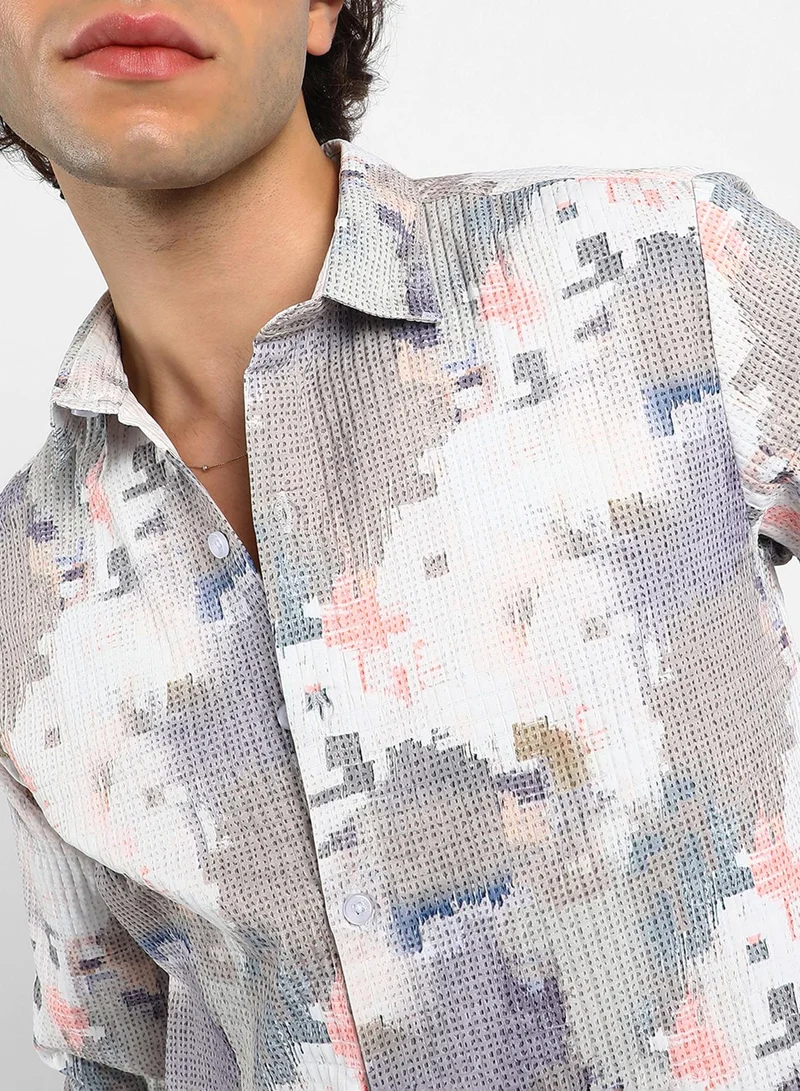 Campus Sutra Men's Moon Grey & Chalk White Artistic-Blur Shirt