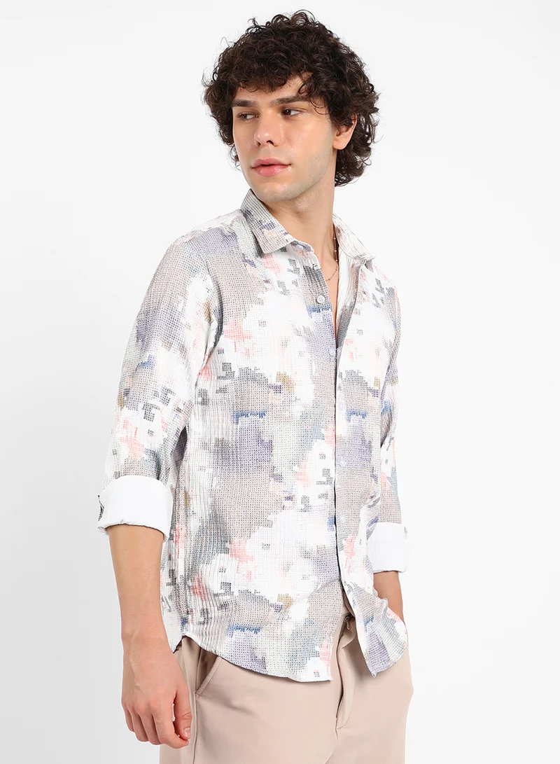 Campus Sutra Men's Moon Grey & Chalk White Artistic-Blur Shirt