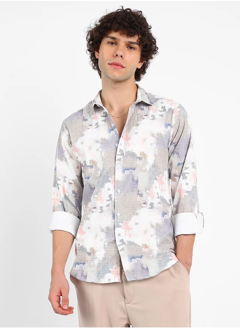 Campus Sutra Men's Moon Grey & Chalk White Artistic-Blur Shirt