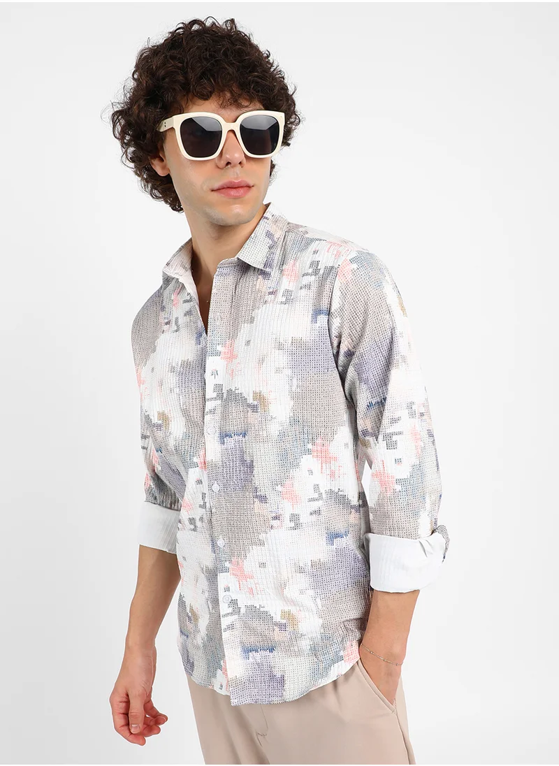 Campus Sutra Men's Moon Grey & Chalk White Artistic-Blur Shirt