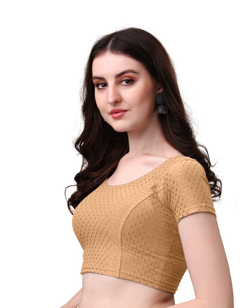 Kipzy Women's Cotton Stretchable Saree Blouse – Round Neck, Short Sleeves, Readymade Slim Fit Blouse for Women 38 Beige - Image 4
