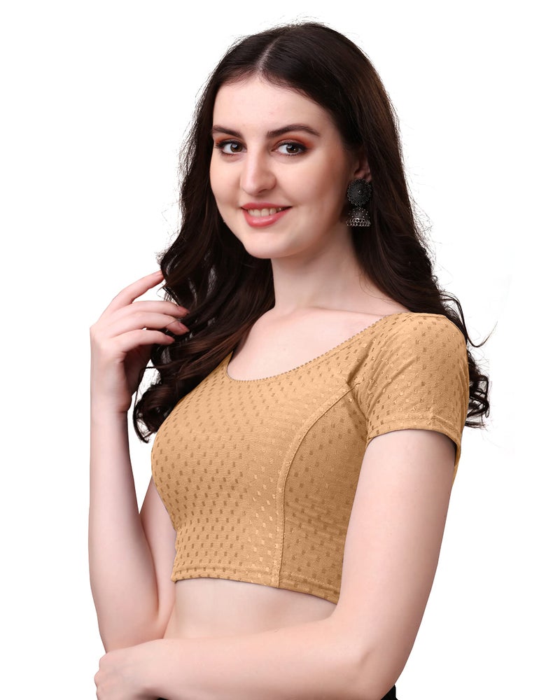 Kipzy Women's Cotton Stretchable Saree Blouse – Round Neck, Short Sleeves, Readymade Slim Fit Blouse for Women 38 Beige - Image 5