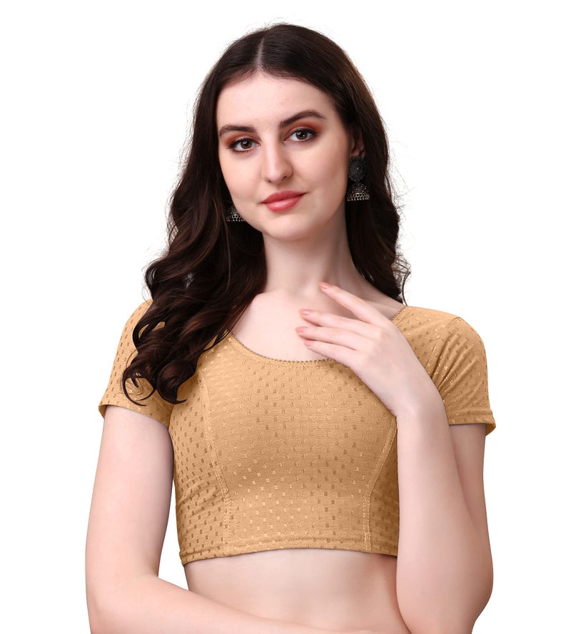 Kipzy Women's Cotton Stretchable Saree Blouse – Round Neck, Short Sleeves, Readymade Slim Fit Blouse for Women 38 Beige - Image 1