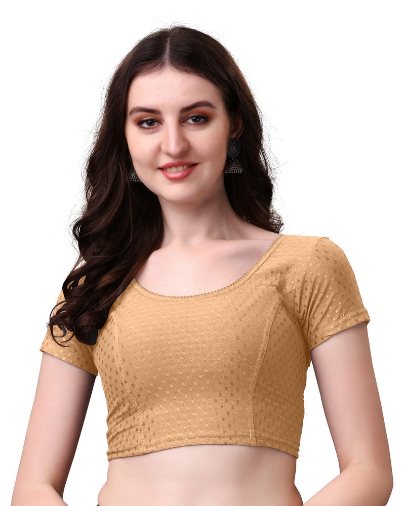 Kipzy Women's Cotton Stretchable Saree Blouse – Round Neck, Short Sleeves, Readymade Slim Fit Blouse for Women 38 Beige - Image 2