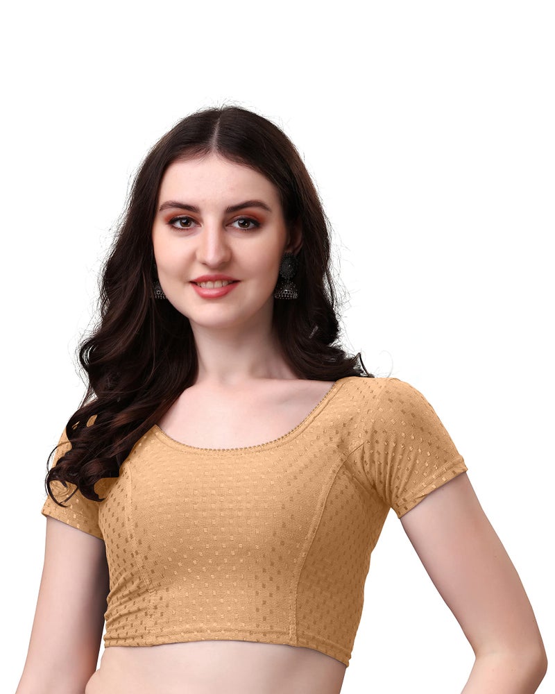 Kipzy Women's Cotton Stretchable Saree Blouse – Round Neck, Short Sleeves, Readymade Slim Fit Blouse for Women 38 Beige - Image 3