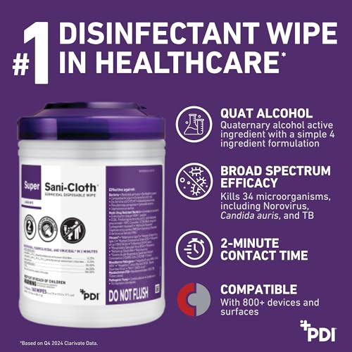 PDI Super Sani-Cloth Germicidal Disposable Wipe, Hospital-Grade Disinfection, Purple Top, 1 Canister of 75 X-Large 5'' x 8'' Wipes - Image 3
