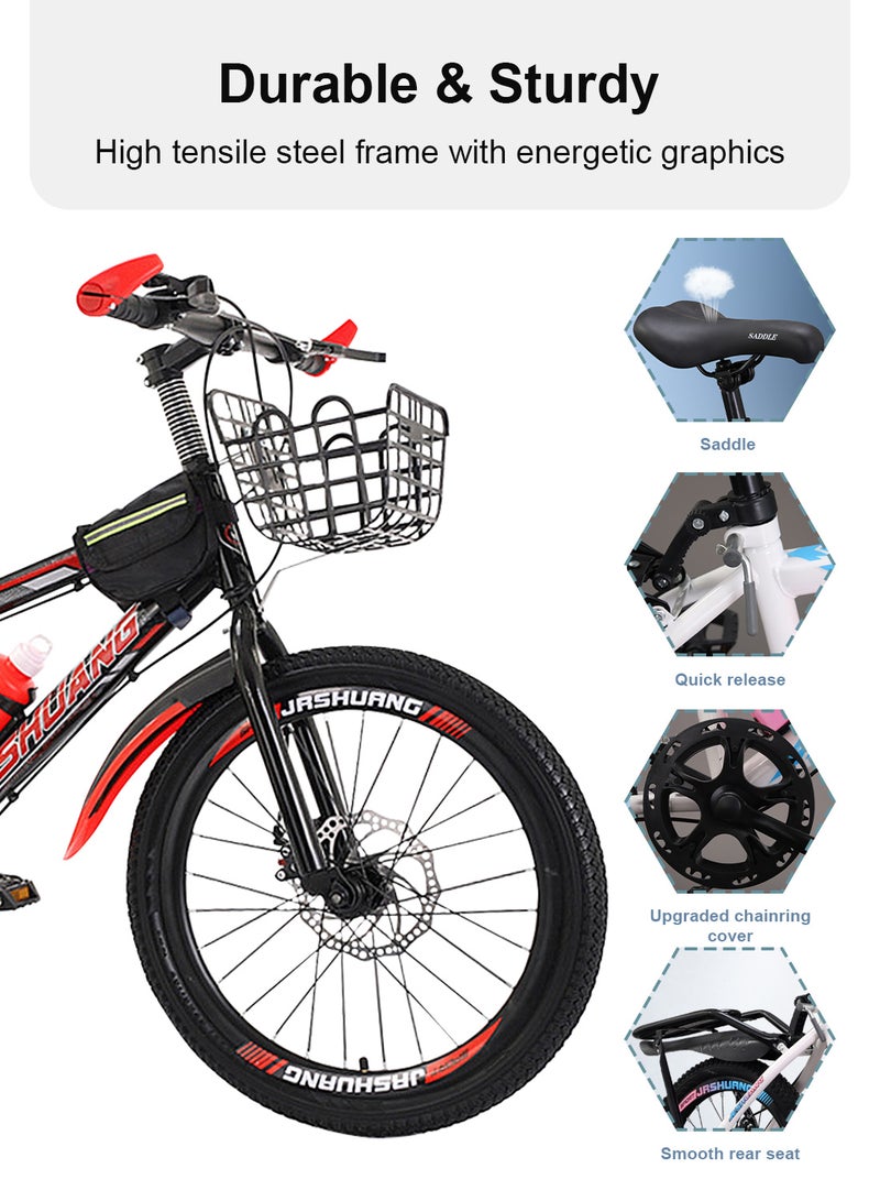 JRSHUANG Mountain Bike 20 Inch, 7 Speed Dual Disc Brake Bicycle with Passengers Rear Seat Adjustable Seat and Basket, Kids Road Bike for 6-18 Years Boys and Girls - Image 3