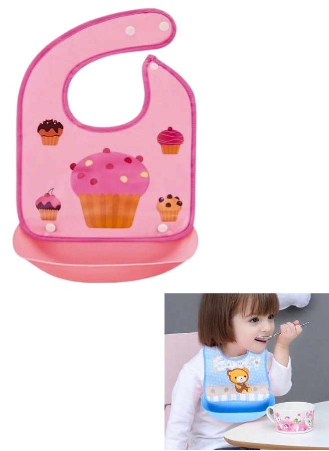 FALMER Baby Bib with Silicone Pocket to Catch Food Waterproof Kids Washable 37*25.5cm-Pink  - Image 1