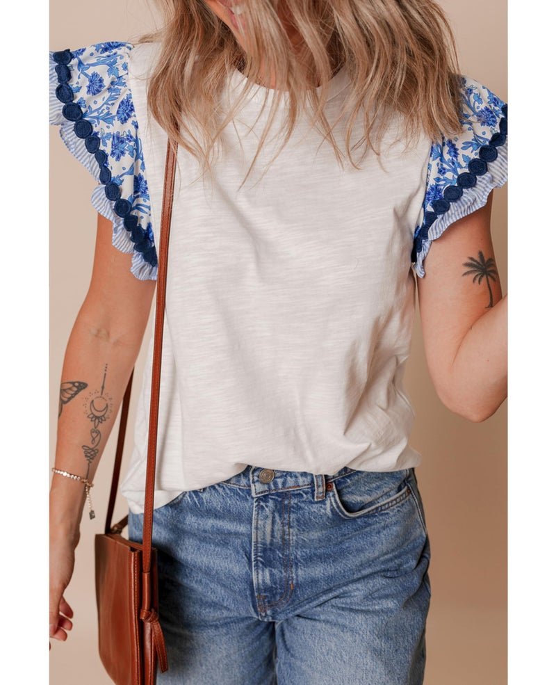 SELINK Womens Summer Ruffle Short Sleeve Top Crewneck T Shirts Floral Trim Casual Blouses Blue-XL - Image 3