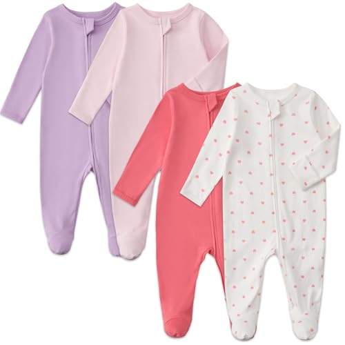 Aablexema Baby Pajamas with Mitten Cuffs Zipper 4-Pack Infant Newborn Cotton Long Sleeve Footie Outfit(Pink/Heart/Purple/Red,12-18m) - Image 1