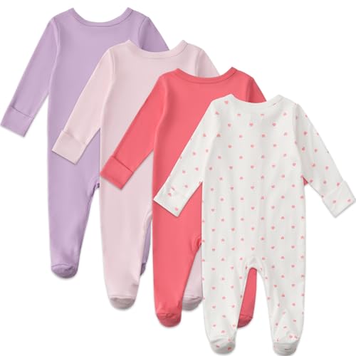 Aablexema Baby Pajamas with Mitten Cuffs Zipper 4-Pack Infant Newborn Cotton Long Sleeve Footie Outfit(Pink/Heart/Purple/Red,12-18m) - Image 3